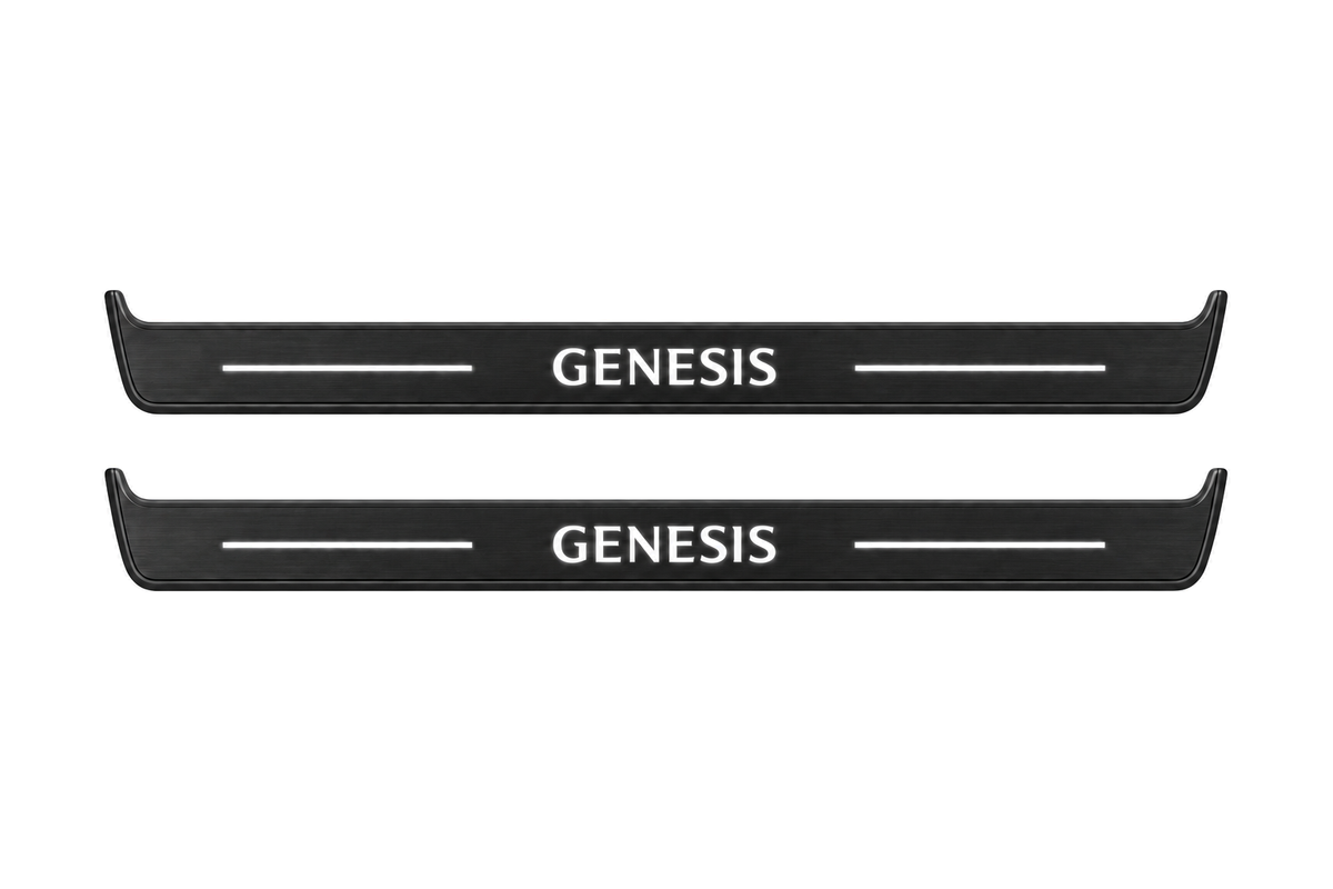 Matte PRO catalogue illustration showing two FRONT plates with illuminated Genesis lettering on a white background; Genesis G80 I dimensions are selected during manufacture; rear plates are not pictured.