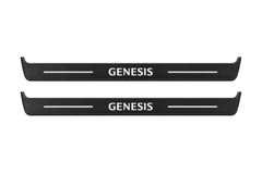 Matte PRO catalogue illustration showing two FRONT plates with illuminated Genesis lettering on a white background; Genesis G80 I dimensions are selected during manufacture; rear plates are not pictured.