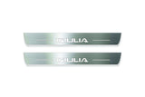 Two short silver-finished door sill plates with Giulia lettering on a light background, straight-on view.
