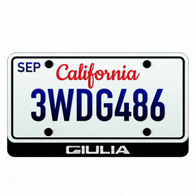 GIULIA illuminated LED license plate badge below a California-style 12 by 6 inch example plate; plate not included