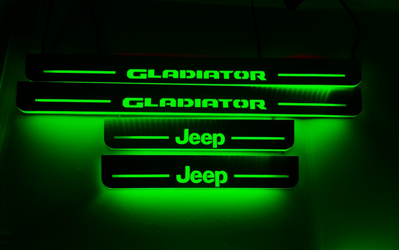 Illuminated LED Door Sill Tread Plates Jeep Gladiator JT 2019+ With Jeep Gladiator Logo Jeep Led Door Sills opdesign GREEN FRONT+REAR STAINLESS STEEL