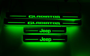 Illuminated LED Door Sill Tread Plates Jeep Gladiator JT 2019+ With Jeep Gladiator Logo Jeep Led Door Sills opdesign GREEN FRONT+REAR STAINLESS STEEL