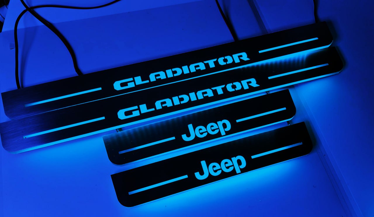 Illuminated LED Door Sill Tread Plates Jeep Gladiator JT 2019+ With Jeep Gladiator Logo Jeep Led Door Sills opdesign BLUE FRONT+REAR STAINLESS STEEL