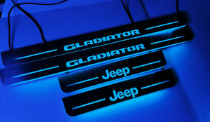 Illuminated LED Door Sill Tread Plates Jeep Gladiator JT 2019+ With Jeep Gladiator Logo Jeep Led Door Sills opdesign BLUE FRONT+REAR STAINLESS STEEL
