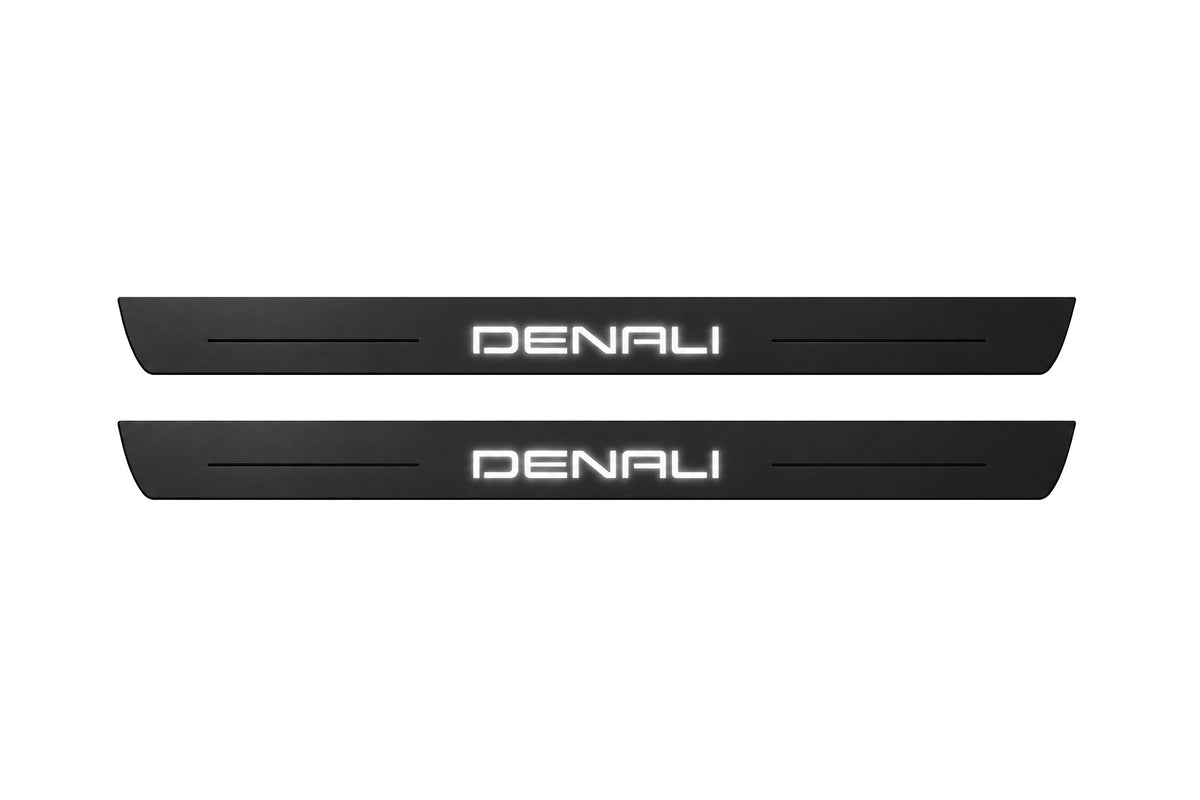 Catalogue illustration of two front black Matte PRO LED door sill plates with illuminated Denali lettering for GMC Canyon II; dimensions are selected during manufacture.