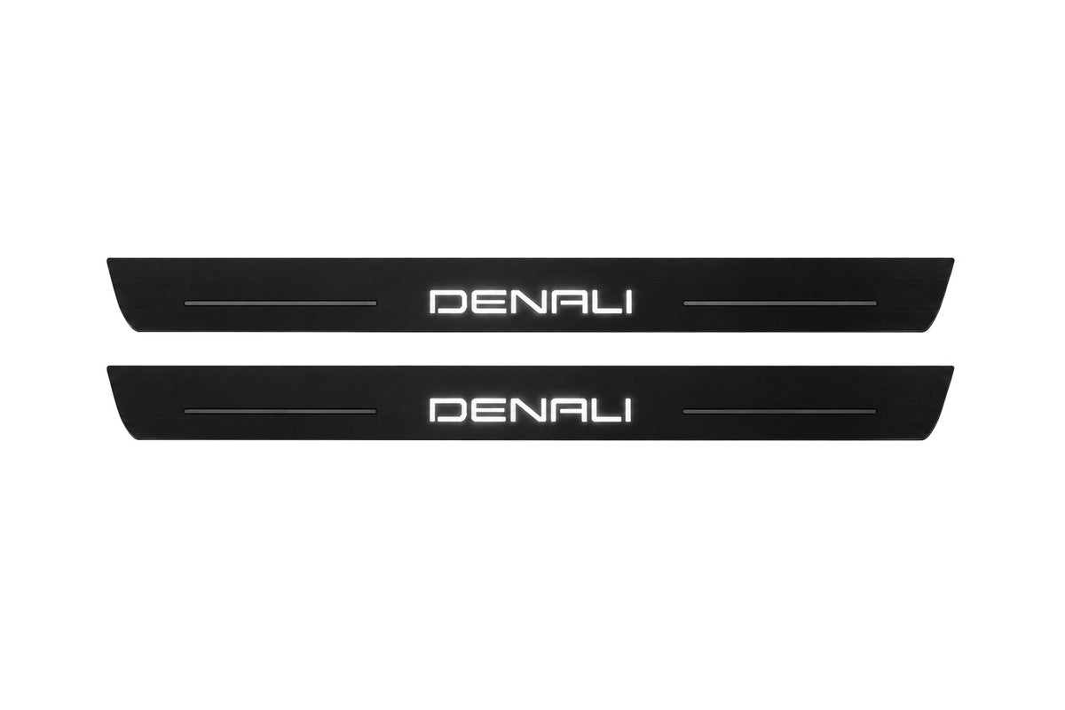 Catalogue illustration of two front black Matte PRO LED door sill plates with illuminated Denali lettering for GMC Canyon III GMT31; dimensions are selected during manufacture.