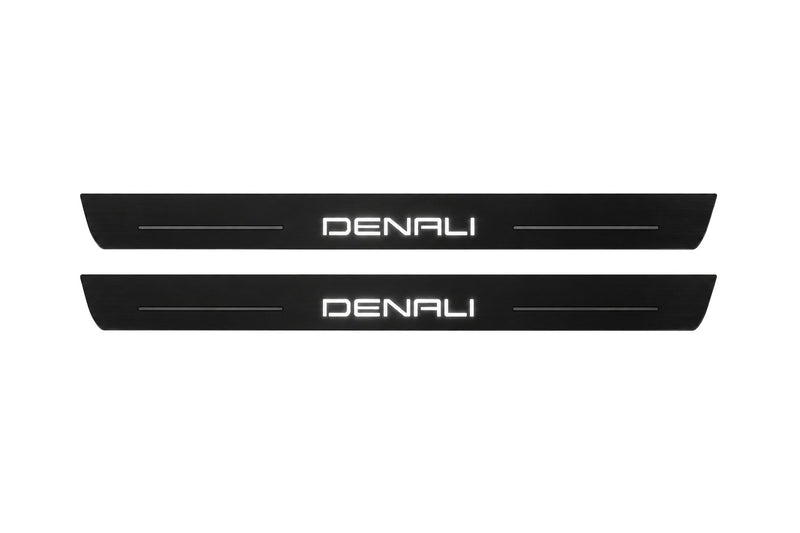 Catalogue illustration of two front black Matte PRO LED door sill plates with illuminated Denali lettering for GMC Canyon III GMT31; dimensions are selected during manufacture.