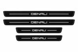 Catalogue illustration of two long front and two shorter rear black Matte PRO door sill plates with illuminated plain DENALI lettering and straight top lines, without GMC letters; edges unlit. Exact Terrain II dimensions are selected for the vehicle.