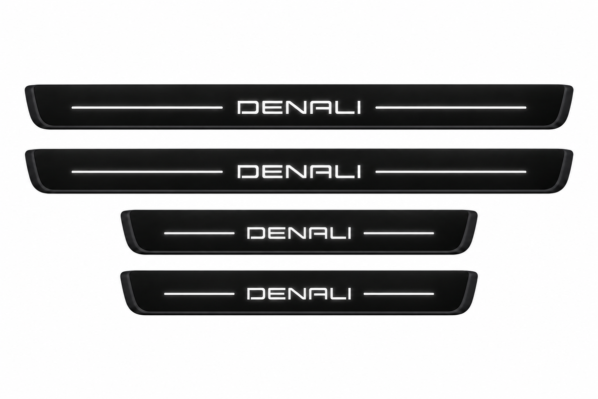 Catalogue illustration of two long front and two shorter rear black Matte PRO door sill plates with illuminated plain DENALI lettering and straight top lines, without GMC letters; edges unlit. Exact Terrain II dimensions are selected for the vehicle.