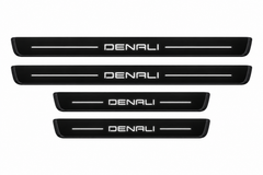 Catalogue illustration of two long front and two shorter rear black Matte PRO door sill plates with illuminated plain DENALI lettering and straight top lines, without GMC letters; edges unlit. Exact Terrain II dimensions are selected for the vehicle.