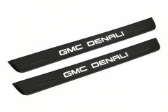 Catalogue illustration of two front black Matte PRO LED door sill plates with illuminated GMC DENALI lettering for GMC Terrain II C1; dimensions are selected during manufacture.