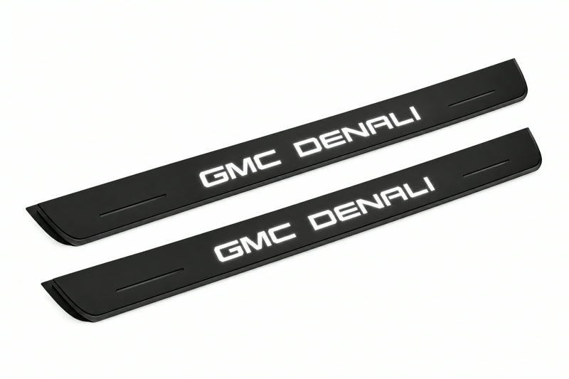 Catalogue illustration of two front black Matte PRO LED door sill plates with illuminated GMC DENALI lettering for GMC Terrain II C1; dimensions are selected during manufacture.