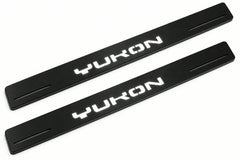 Catalogue illustration of two front black Matte PRO LED door sill plates with illuminated Yukon lettering for GMC Yukon V; dimensions are selected during manufacture.