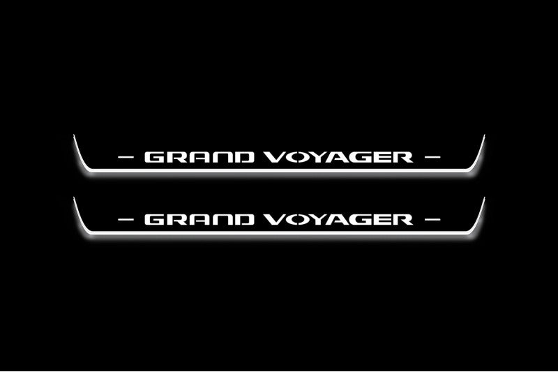 Chrysler Grand Voyager V 2008+ stainless steel illuminated entry guards with Grand Voyager logo