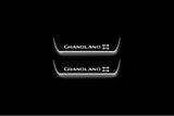Two short door sill plates with Grandland X lettering and edges illuminated in white, straight-on view on a dark background.