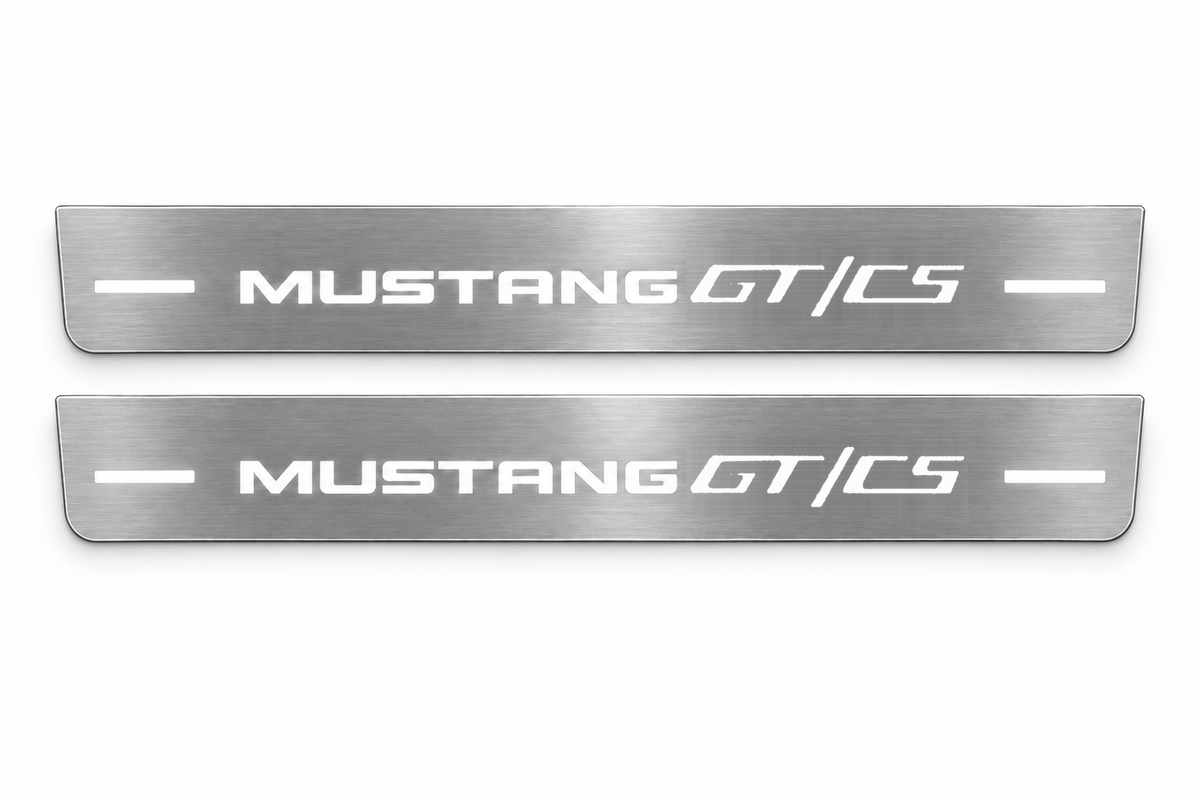 Stainless Mustang GT/CS pair with source-matched solid white logo, white background