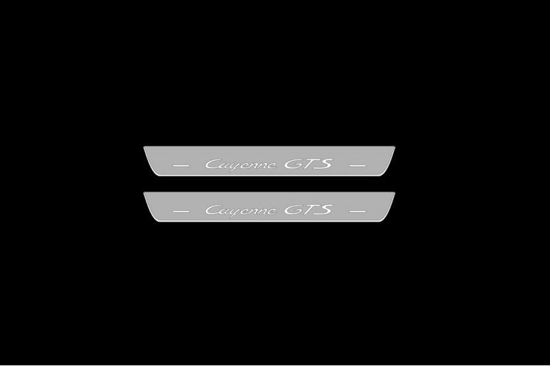 Porsche Cayenne III 2017+ illuminated entry guards in stainless steel with Cayenne GTS logo