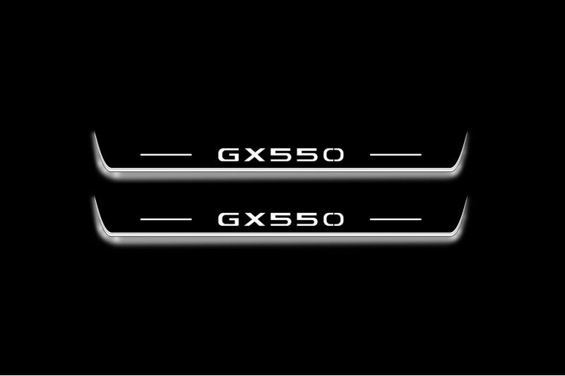 Lexus GX III 2024+ LED door sill plates in stainless steel with GX550 logo