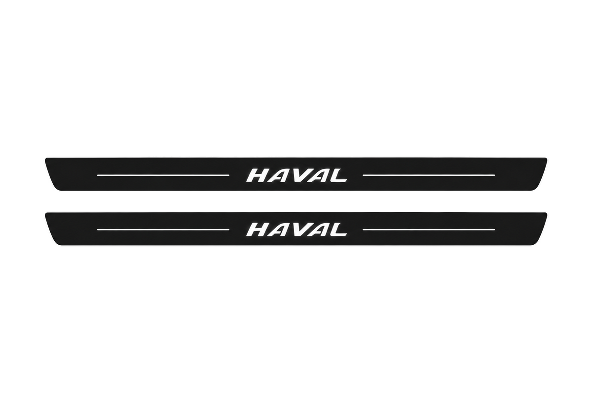 Matte PRO catalogue illustration showing two FRONT plates with illuminated Haval lettering on a white background; Haval Big Dog dimensions are selected during manufacture; rear plates are not pictured.