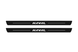 Matte PRO catalogue illustration showing two FRONT plates with illuminated Haval lettering on a white background; Haval Dargo dimensions are selected during manufacture; rear plates are not pictured.