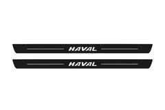 Matte PRO catalogue illustration showing two FRONT plates with illuminated Haval lettering on a white background; Haval Dargo dimensions are selected during manufacture; rear plates are not pictured.