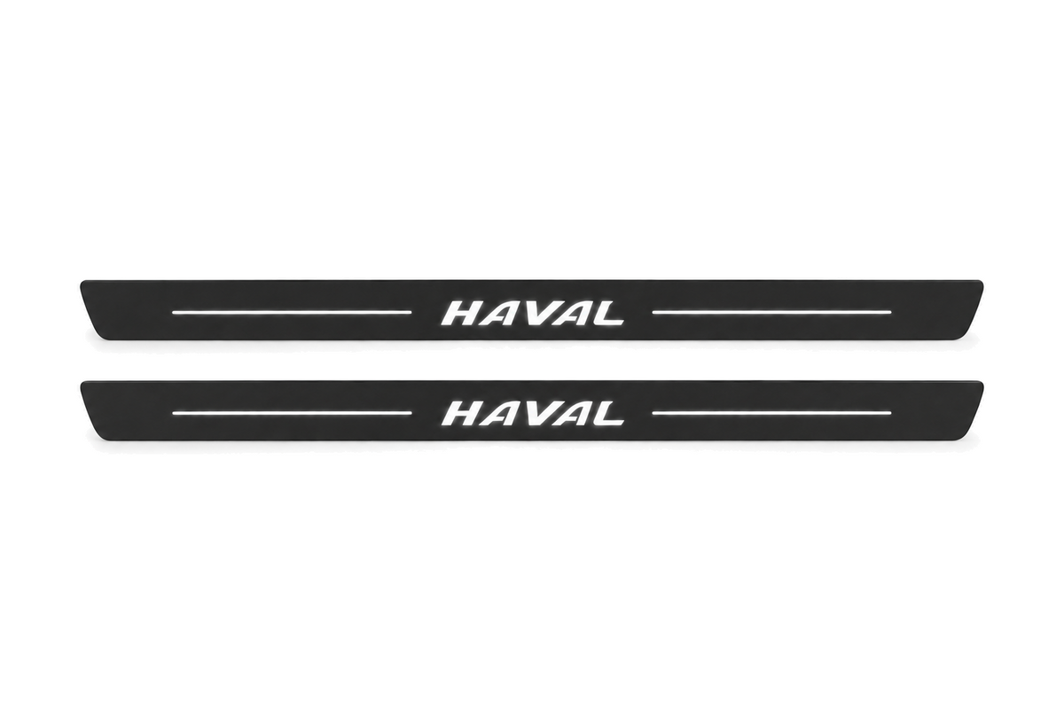 Matte PRO catalogue illustration showing two FRONT plates with illuminated Haval lettering on a white background; Haval H6 III B06 dimensions are selected during manufacture; rear plates are not pictured.