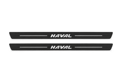 Matte PRO catalogue illustration showing two FRONT plates with illuminated Haval lettering on a white background; Haval H6 III B06 dimensions are selected during manufacture; rear plates are not pictured.