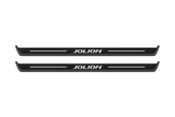 Matte PRO catalogue illustration showing two FRONT plates with illuminated Jolion lettering on a white background; Haval Jolion dimensions are selected during manufacture; rear plates are not pictured.