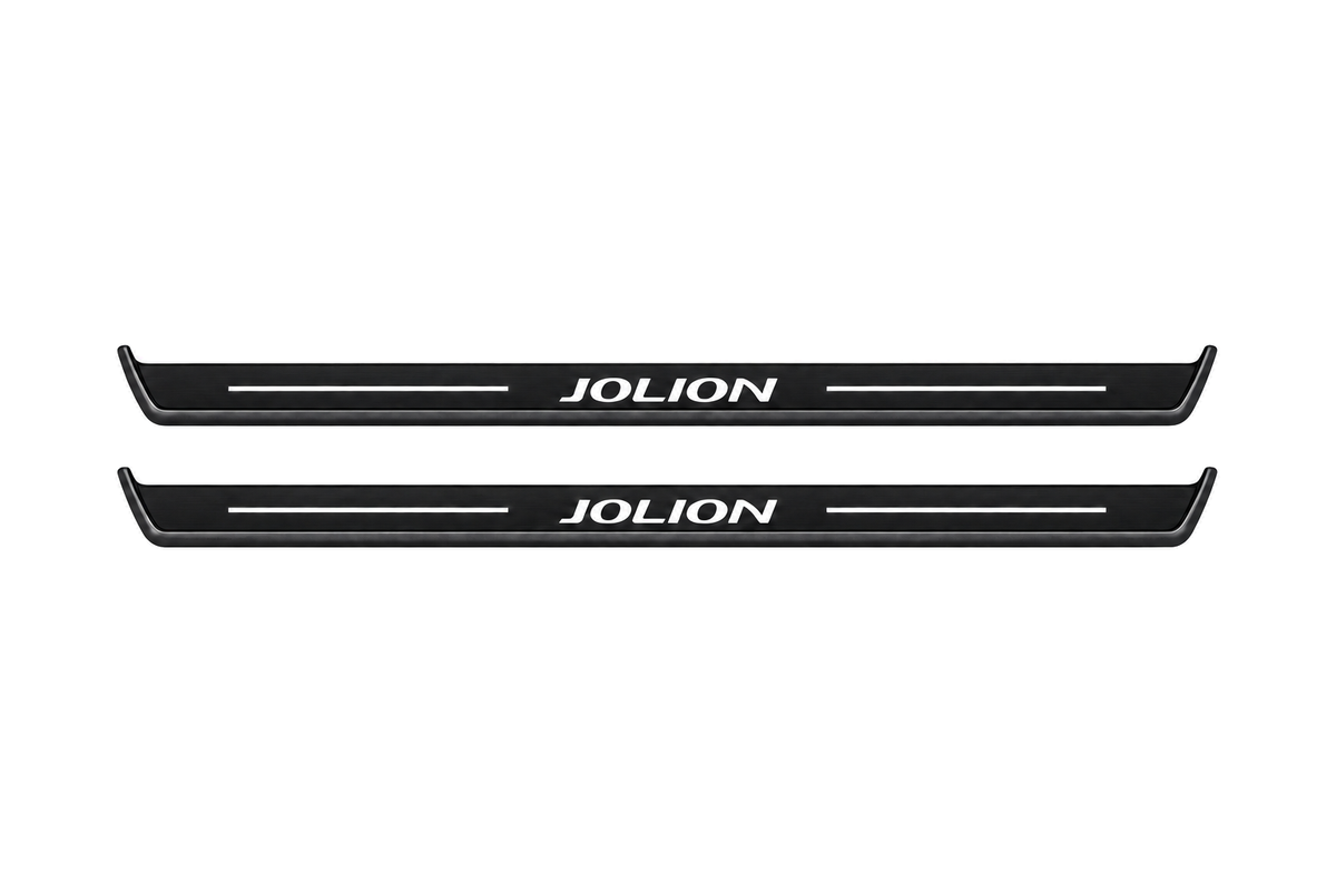 Matte PRO catalogue illustration showing two FRONT plates with illuminated Jolion lettering on a white background; Haval Jolion dimensions are selected during manufacture; rear plates are not pictured.