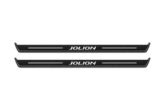 Matte PRO catalogue illustration showing two FRONT plates with illuminated Jolion lettering on a white background; Haval Jolion dimensions are selected during manufacture; rear plates are not pictured.