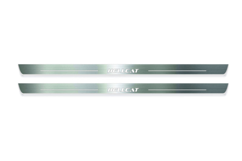 Dodge Challenger 2008+ stainless steel LED door sill plates with HELLCAT logo