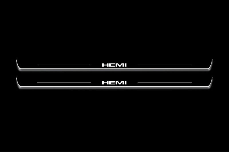 Dodge Challenger 2008+ illuminated entry guards in stainless steel with HEMI logo