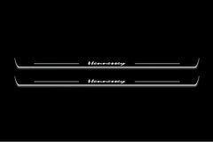 Two long door sill plates with Hennessey lettering and edges illuminated in white, straight-on view on a dark background.