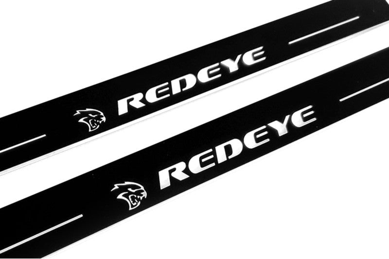 Illuminated LED Door Sill Tread Plates Dodge Charger 2011-2023 With SRT REDEYE Logo Dodge Led Door Sills opdesign