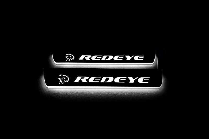 Illuminated LED Door Sill Tread Plates Dodge Charger 2011-2023 With SRT REDEYE Logo Dodge Led Door Sills opdesign