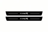 Catalogue illustration of two front black Matte PRO LED door sill plates with illuminated TypeR lettering for Honda Civic 3D; dimensions are selected during manufacture.