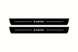 Catalogue illustration of two front black Matte PRO LED door sill plates with illuminated Civic lettering for Honda Civic 5D; dimensions are selected during manufacture.
