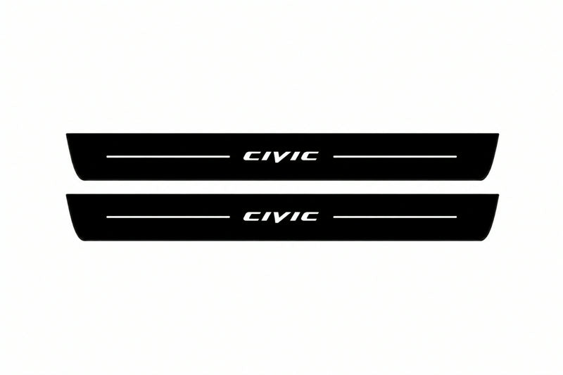 Catalogue illustration of two front black Matte PRO LED door sill plates with illuminated Civic lettering for Honda Civic 5D; dimensions are selected during manufacture.