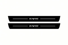 Catalogue illustration of two front black Matte PRO LED door sill plates with illuminated Civic lettering for Honda Civic 5D; dimensions are selected during manufacture.