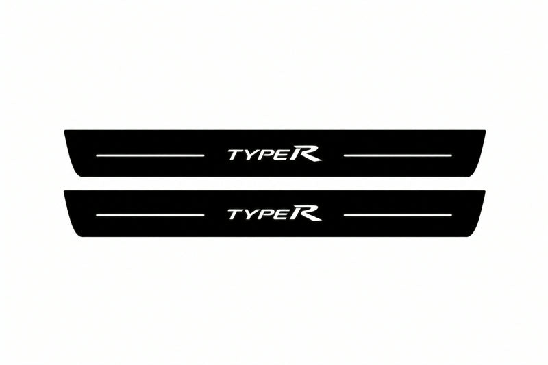 Catalogue illustration of two front black Matte PRO LED door sill plates with illuminated TypeR lettering for Honda Civic 5D; dimensions are selected during manufacture.