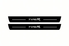 Catalogue illustration of two front black Matte PRO LED door sill plates with illuminated TypeR lettering for Honda Civic 5D; dimensions are selected during manufacture.