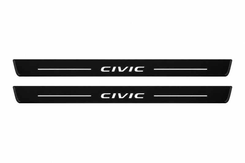Catalog illustration of two front black Matte PRO LED door sill plates with illuminated Civic lettering for Honda Civic Coupe.