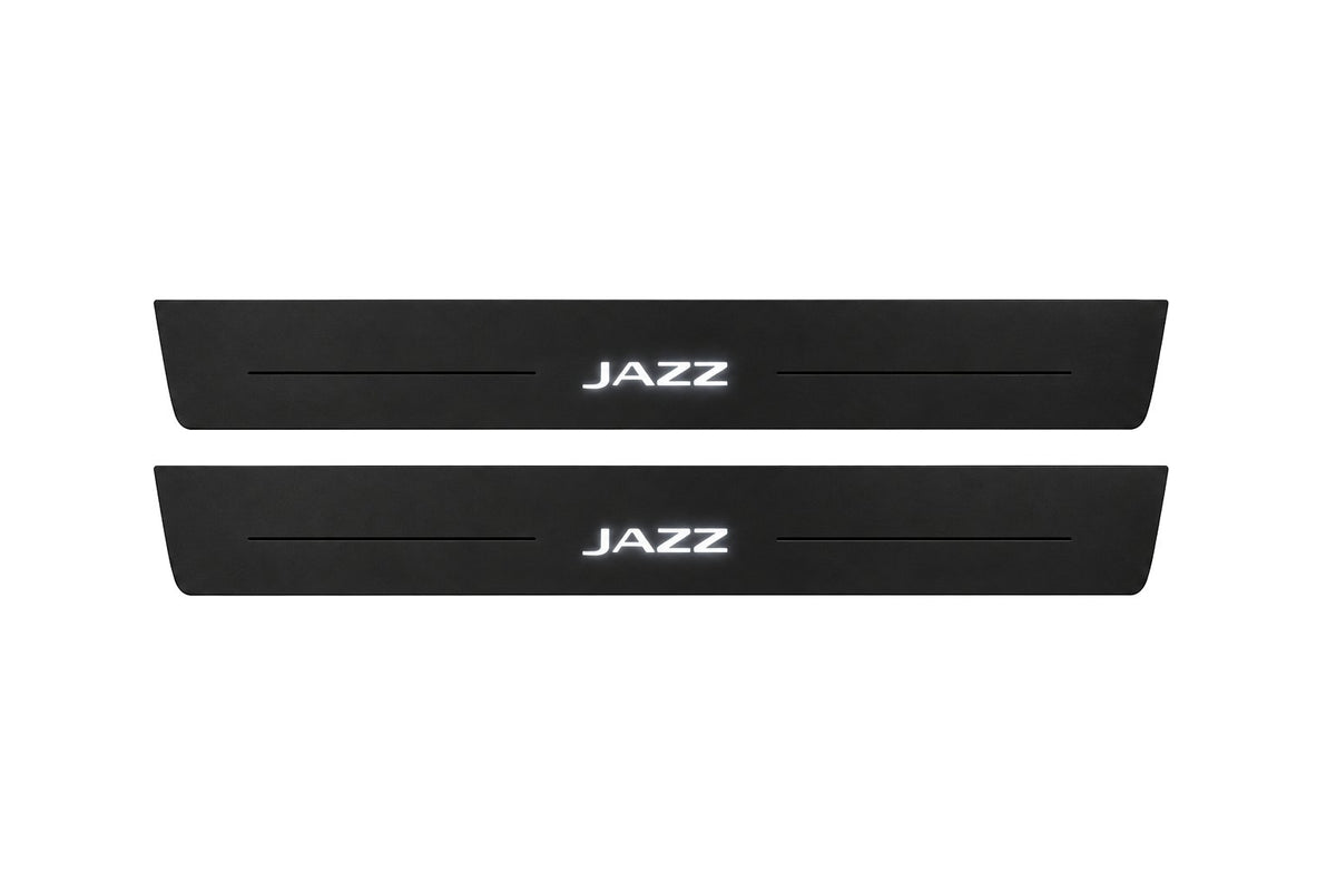 Catalogue illustration of two front black Matte PRO LED door sill plates with illuminated Jazz lettering for Honda Jazz; dimensions are selected during manufacture.