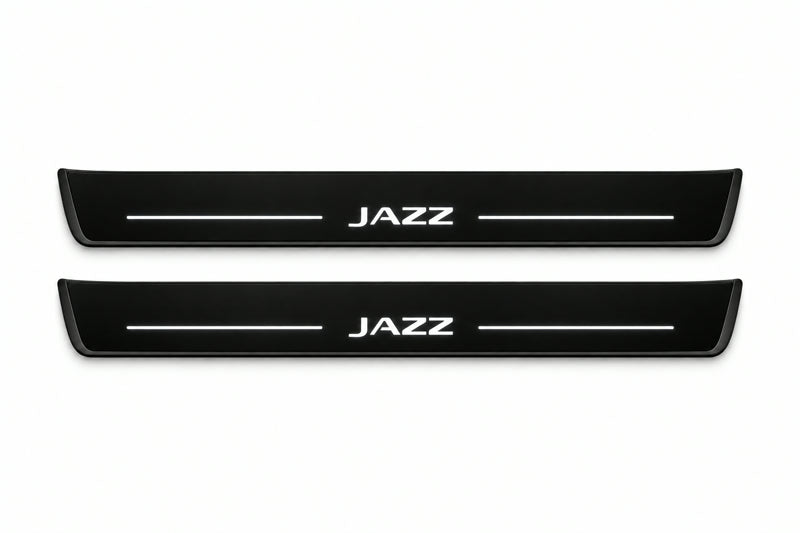 Catalogue illustration of two front black Matte PRO LED door sill plates with illuminated Jazz lettering for Honda Jazz; dimensions are selected during manufacture.