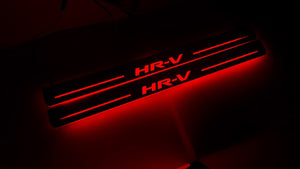 Illuminated LED Door Sill Tread Plates Honda HR-V II 2013-2022 With HR-V Logo Honda Led Door Sills opdesign RED FRONT STAINLESS STEEL