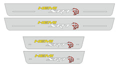 Catalog illustration of four gray door sill plates with yellow HEMI and white SRT lettering with red Hellcat-head emblems on a white background.