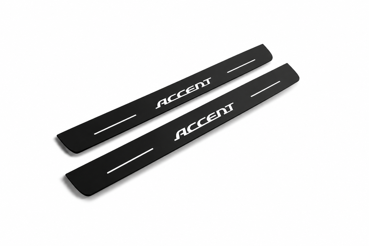 Hyundai Accent Accent Matte PRO LED door sills, FRONT two-piece catalogue illustration, matte black with white illumination