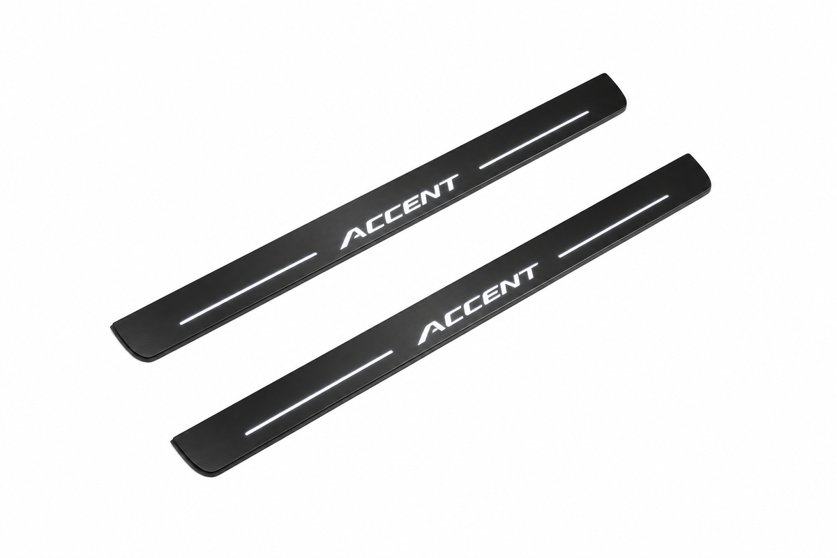 Hyundai Accent Accent Matte PRO LED door sills, FRONT two-piece catalogue illustration, matte black with white illumination