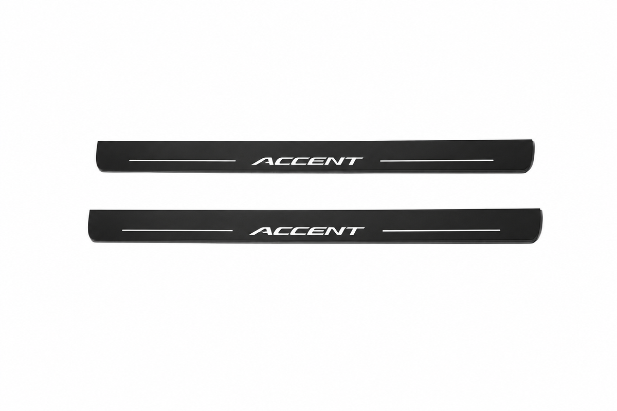 Hyundai Accent Accent Matte PRO LED door sills, FRONT two-piece catalogue illustration, matte black with white illumination