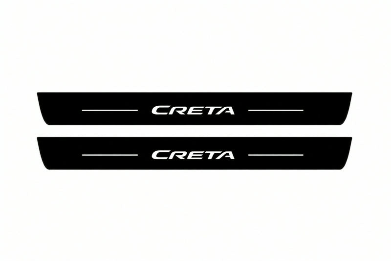 Catalogue illustration of two front black Matte PRO LED door sill plates with illuminated Creta lettering for Hyundai Creta I; dimensions are selected during manufacture.